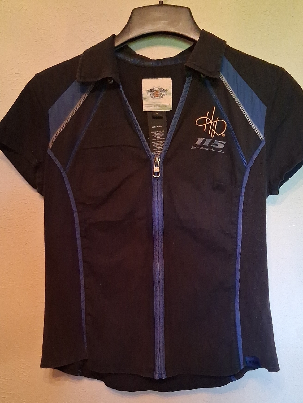 Harley-Davidson 115 Years Edition Black and Blue Zip-Front Short Sleeve Shirt
